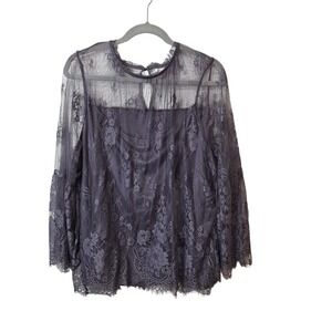 Cato Est 1946 Womens 22/24W Full Lace Overlay Top Blouse Bell Sleeve Bluish Gray